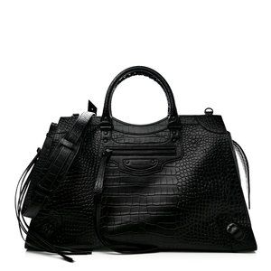 BALENCIAGA Calfskin Crocodile Embossed Neo Classic Hardware Large City Black